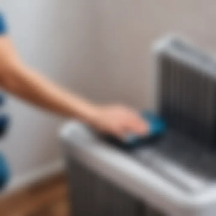 Person using a vacuum to clean inside a heating radiator.