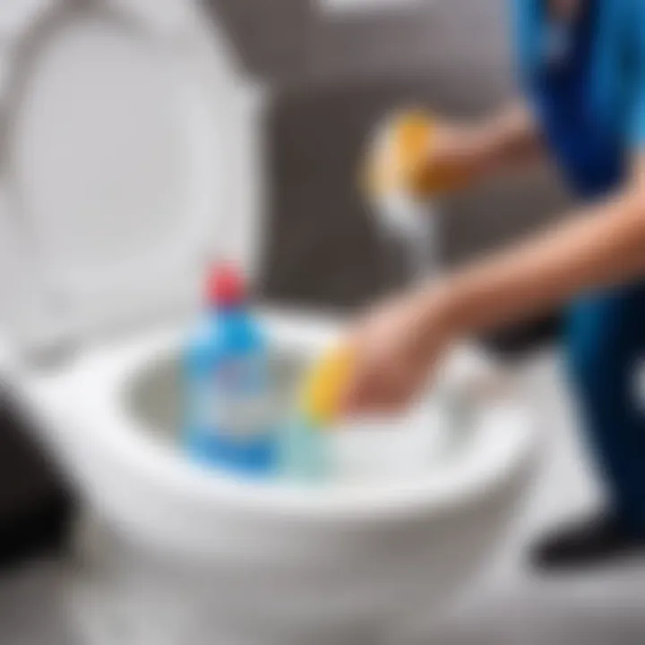 A person applying cleaning solution to a toilet