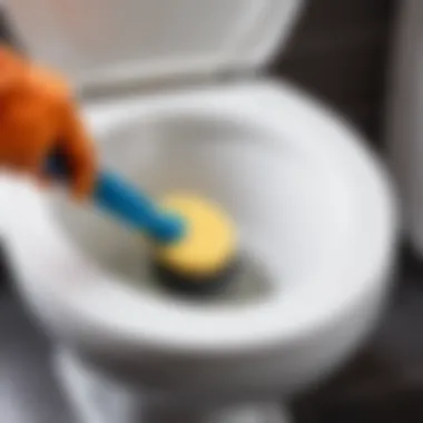 Close-up of a toilet bowl being scrubbed