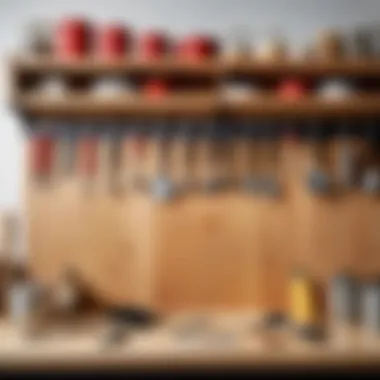 Tools for hanging kitchen cabinets organized on a workbench