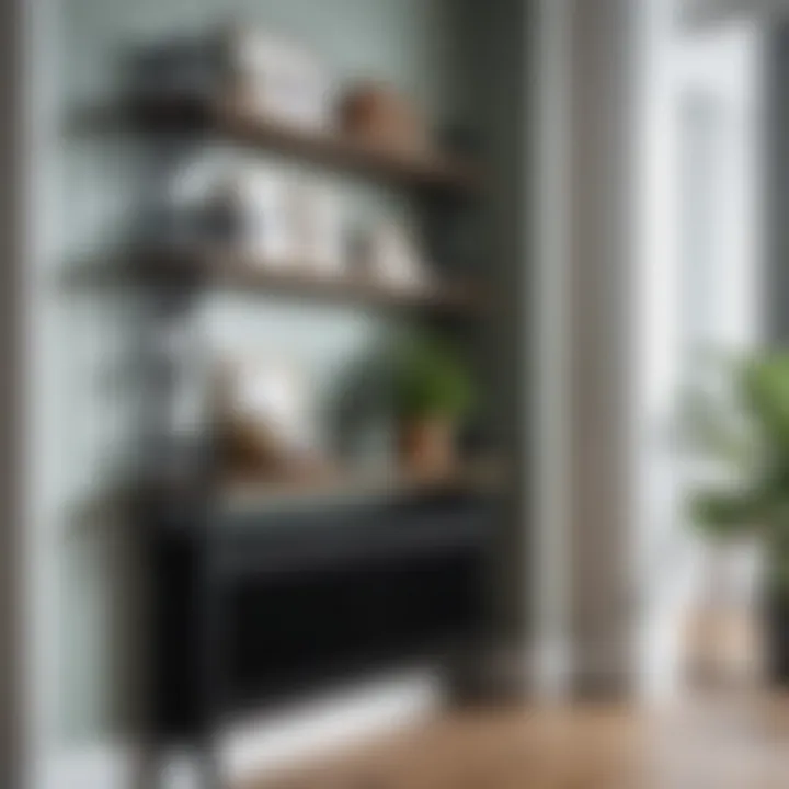 Decorative shelving above a cast iron radiator