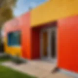 Exterior view of a house with OSB panels painted in vibrant colors