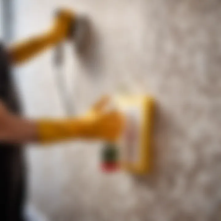 Applying cleaning solution on wallpaper