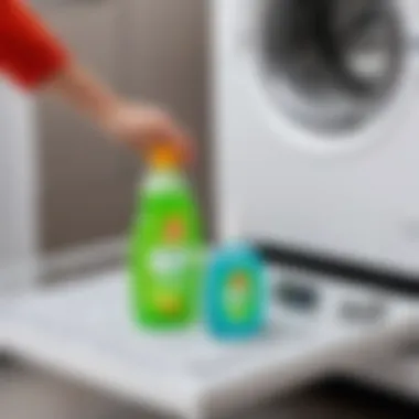 Applying Cleaning Solution Application of household cleaning solution to a washing machine tray