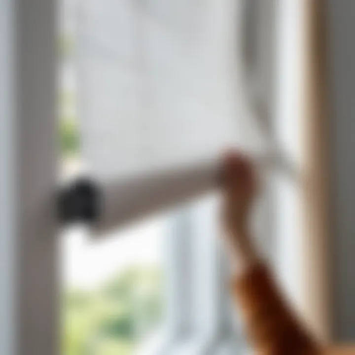 Close-up of roller blinds mounted on a window frame