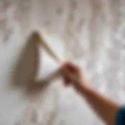 Close-up view of wallpaper being peeled from a wall