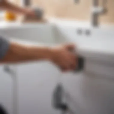 Close-up view of a sink being secured with brackets.