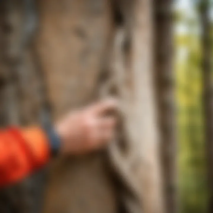 An individual using a control knot in a climbing scenario