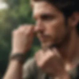 Demonstration of a climber tying a knot with a rope in a natural setting.