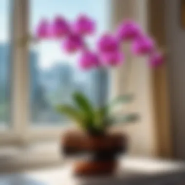 An orchid plant in a decorative pot on a windowsill