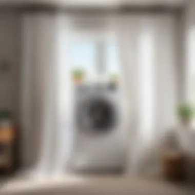 Washing Machine with Sparkling White Curtains A washing machine filled with sparkling white curtains