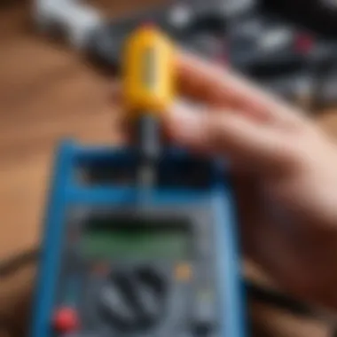 Close-up of a voltage tester screwdriver in action.