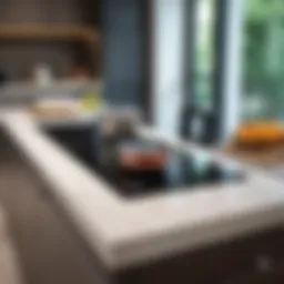 A modern kitchen countertop with a cooktop seamlessly integrated.