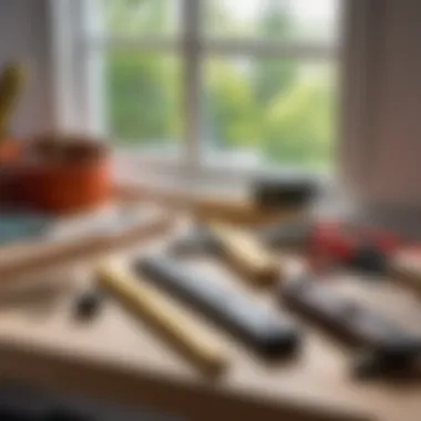 Essential tools for window sill installation laid out on a workbench