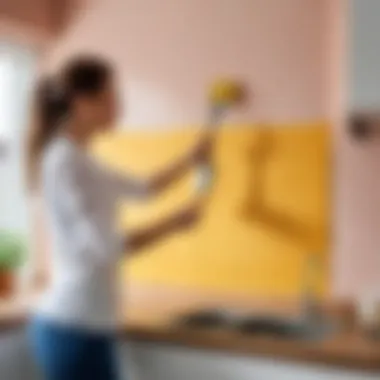 Step-by-step application of wall paint in a kitchen setting