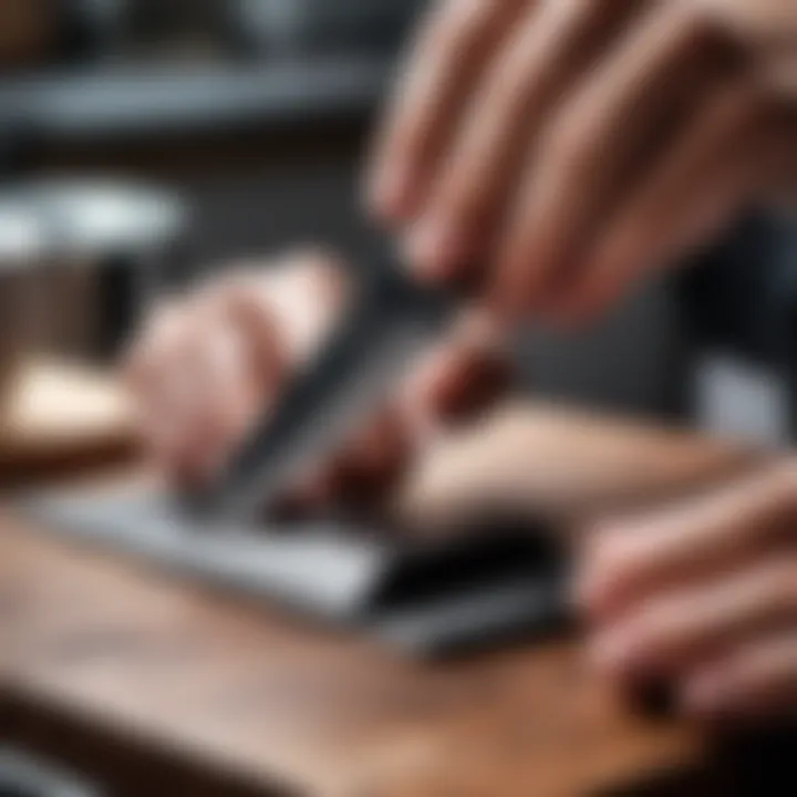 Detailed view of a sharpening technique being applied to a knife blade