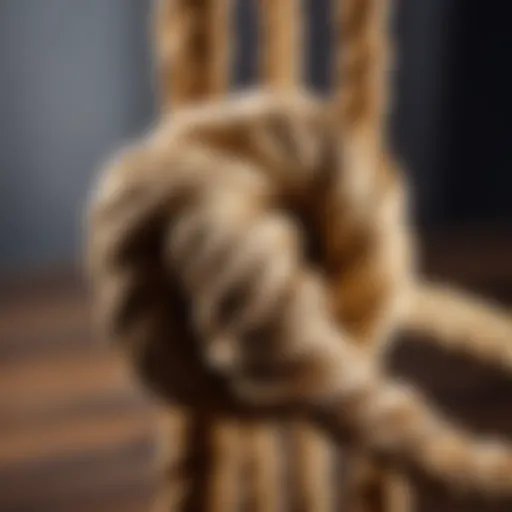 A close-up view of a single rope showcasing the knot tying technique.