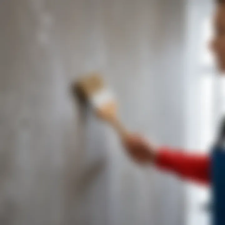 Application of latex paint on a wall with a brush