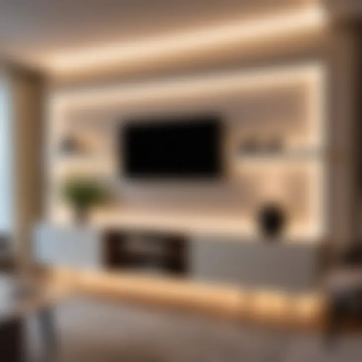 Creative interior design showcasing LED strips used as accent lighting behind furniture.