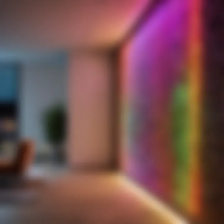 Colorful LED strips mounted along a wall