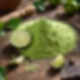 A close-up view of finely ground lime powder in a garden setting.