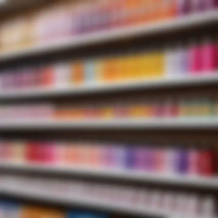 Price tags of various liquid nails products on a shelf