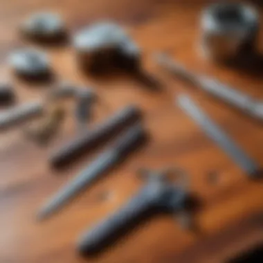 Illustration demonstrating various lock-picking tools on a wooden table