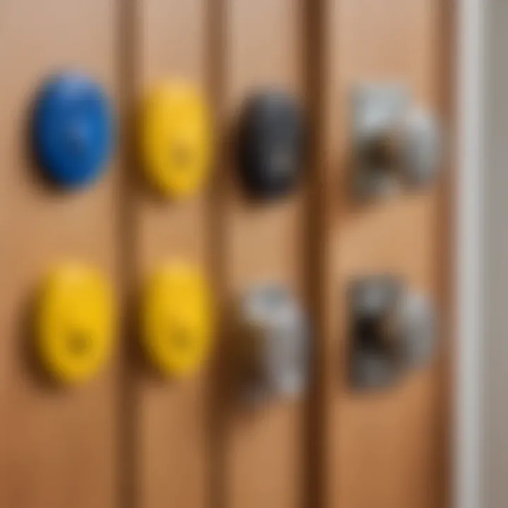 Different types of locks suitable for plastic doors displayed on a table.