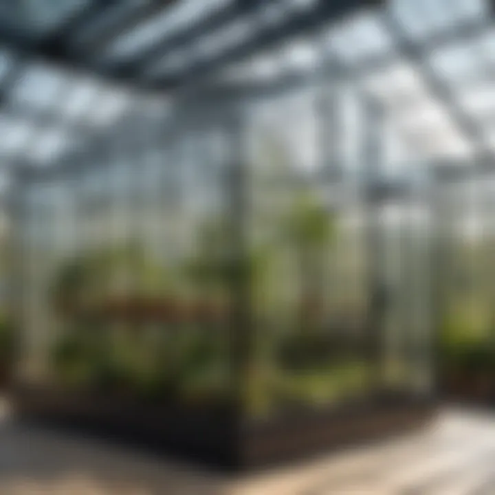 Transparent glass greenhouse structure showcasing plant growth.