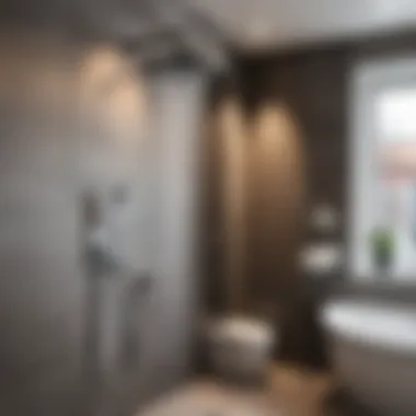Modern Showerhead in a Contemporary Bathroom An elegant modern showerhead installed in a contemporary bathroom setting
