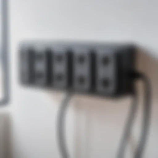 A close-up of a modern surge protector with various outlets and USB ports