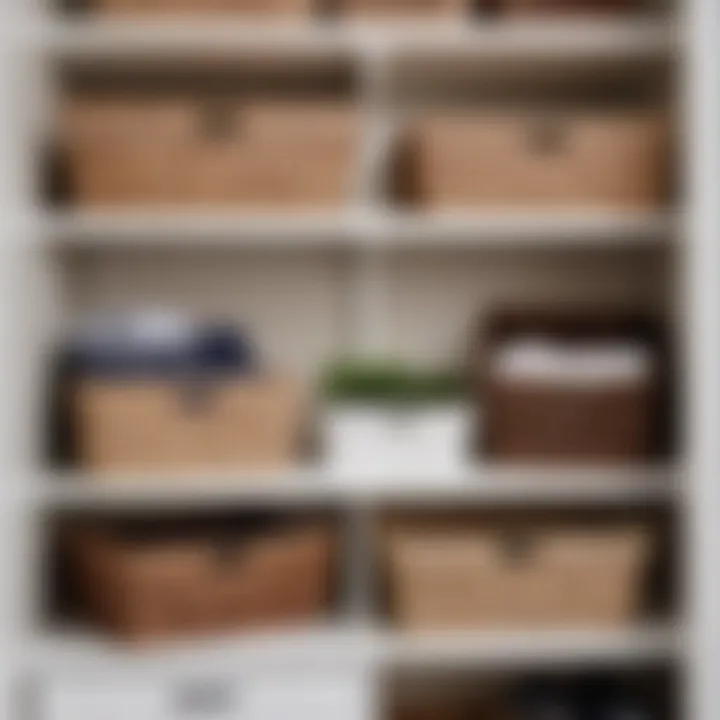 Decorative baskets and boxes organized above a closet