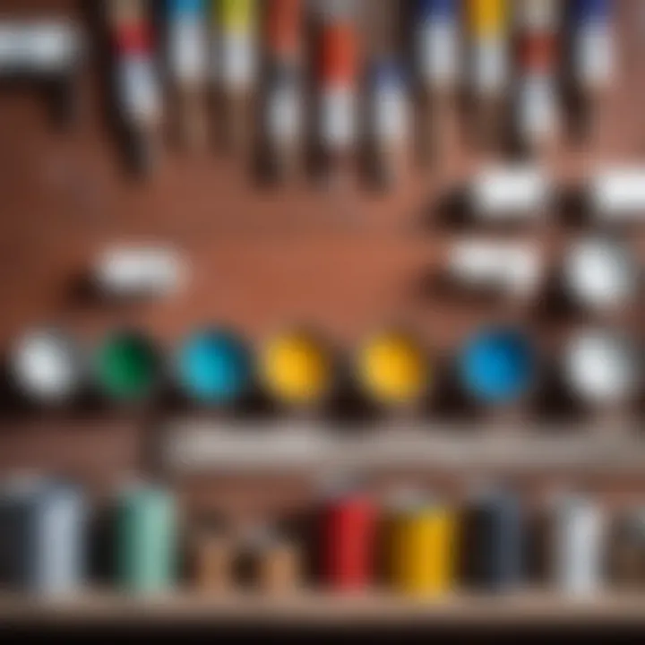 Various types of paint rollers displayed on a workbench