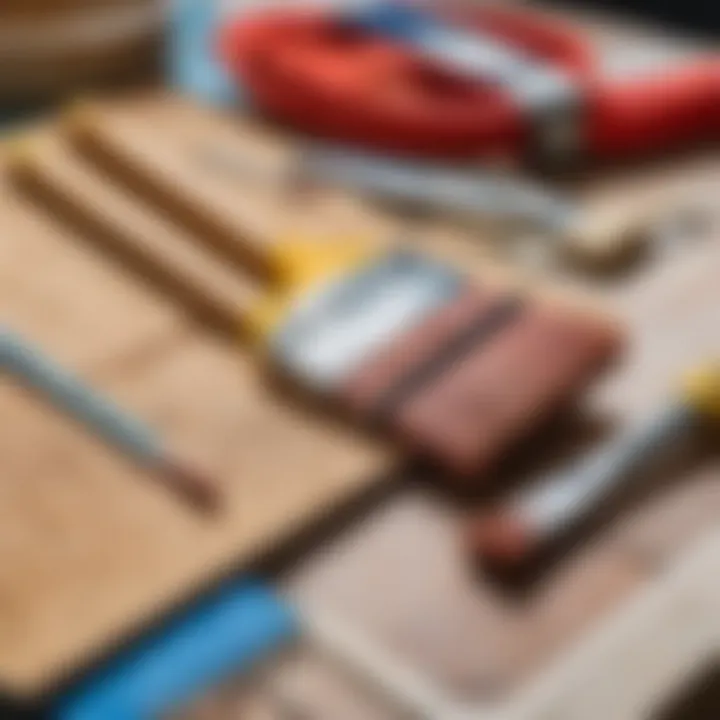 Array of painting tools and materials for OSB boards