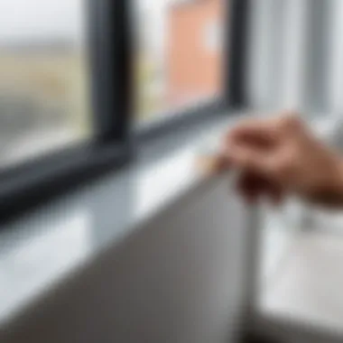 Close-up of adhesive application on a plastic windowsill.