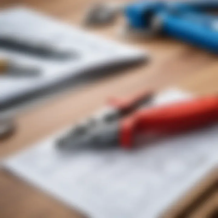 Pliers placed on a workbench with blueprints