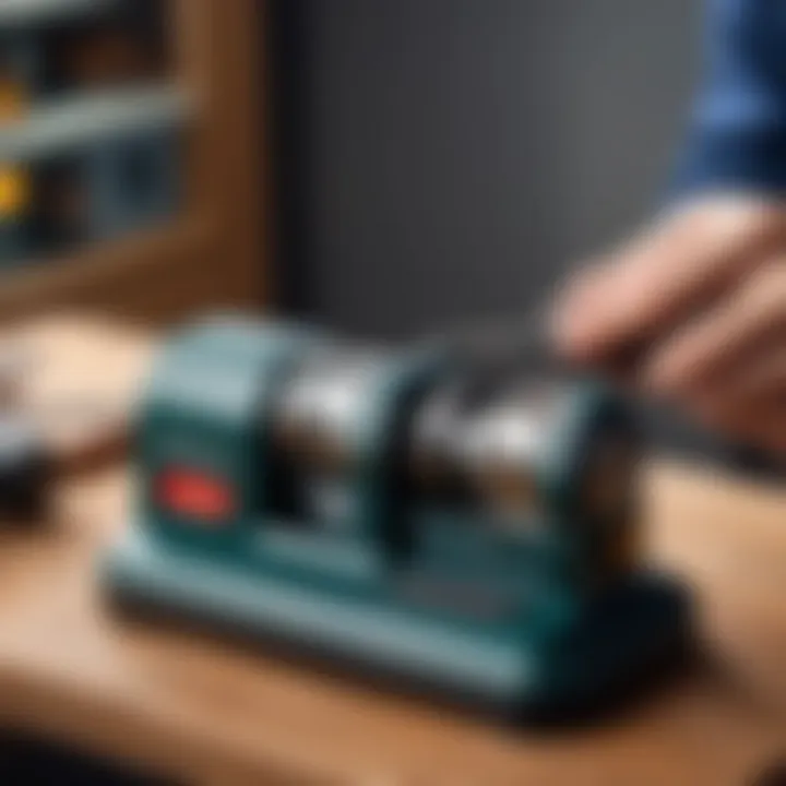 A professional knife being sharpened with a specialized system