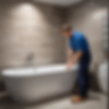 Professional plumber assessing bathtub placement