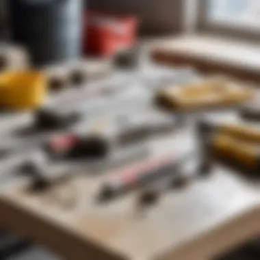 Tools and materials used for concrete repair displayed on a workbench