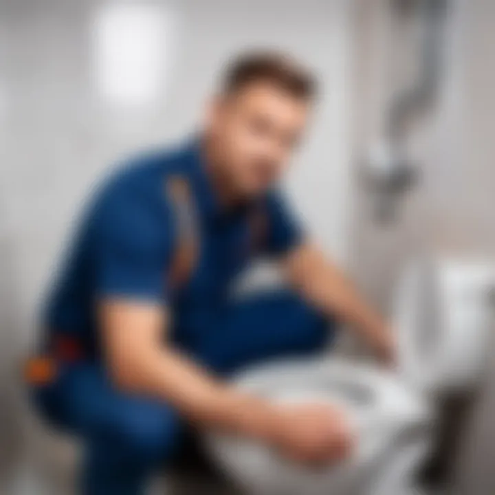 Plumber working on a toilet installation with precision