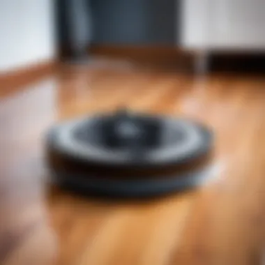 Robot Vacuum in Action: Wet Cleaning Hardwood Floors Robot vacuum cleaner performing wet cleaning on hardwood floor