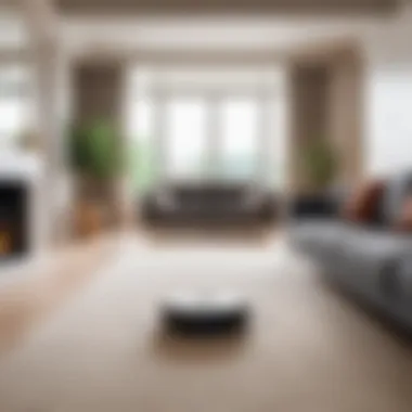 Navigating Modern Spaces A sleek robotic vacuum cleaner navigating a modern living room