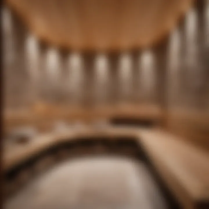 An interior view of a sauna with stones integrated into the design.