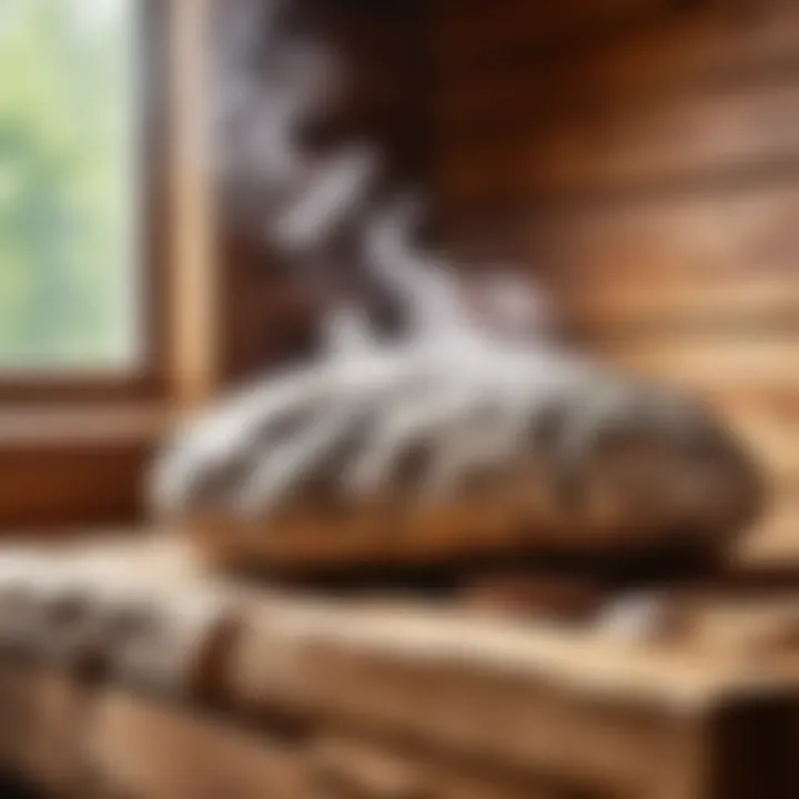 Close-up of a stone with steam rising, illustrating its use in a sauna environment.