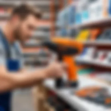 Person selecting a glue gun in a hardware store