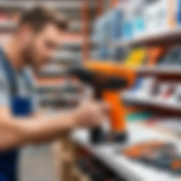 Person selecting a glue gun in a hardware store