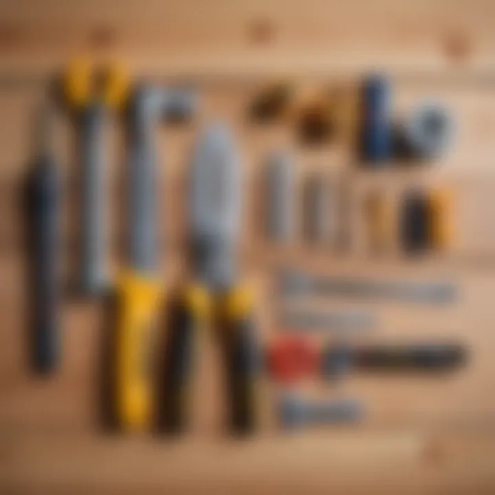 Tools laid out for siding installation on a wooden surface