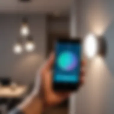 Seamless Integration with Technology A user controlling a smart bulb via a smartphone app
