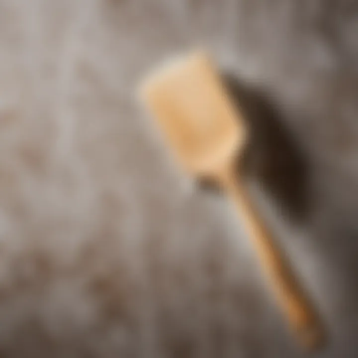 Close-up of a spatula in use on a textured wall with liquid wallpaper