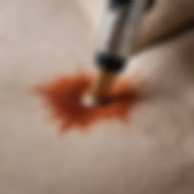 A close-up of a stain being treated on fabric.